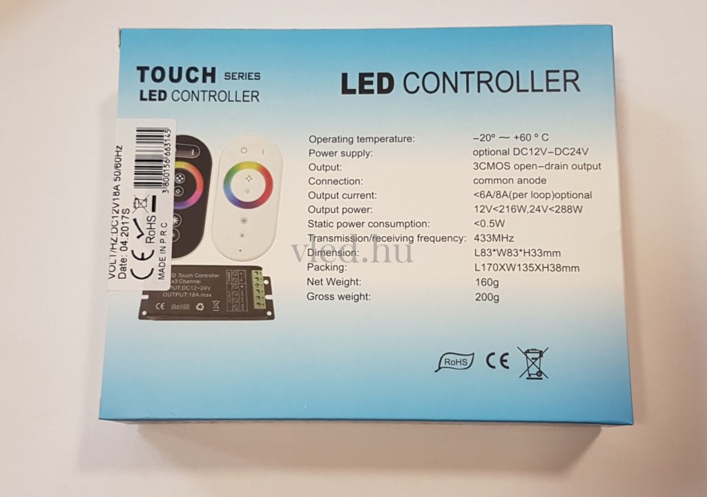 RGB led szalag vezérlő 216W érintős (touch) rádiós vezérlés, Fekete (6314)