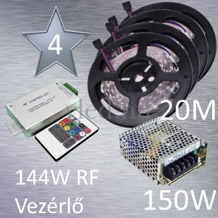SILVER 4 RGB szalag szett (5050 SMD 30led/m szalag +RF 20 gombos vezérlő + 150W fém táp)