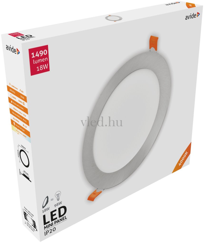 Avide Beépíthető LED panel, kerek, mennyezeti, lámpa, ALU, szatén nikkel, 18W, NW, 4000K, 1490 lumen (A9828)