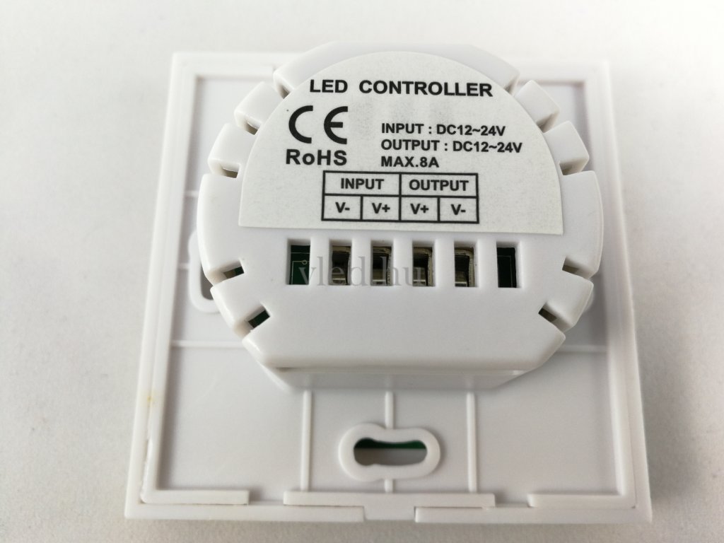 Fali LED szalag vezérlő, fehér panel, érintés vezérlés, fényerő szabályozás (falba süllyeszthető, üveg előlap)