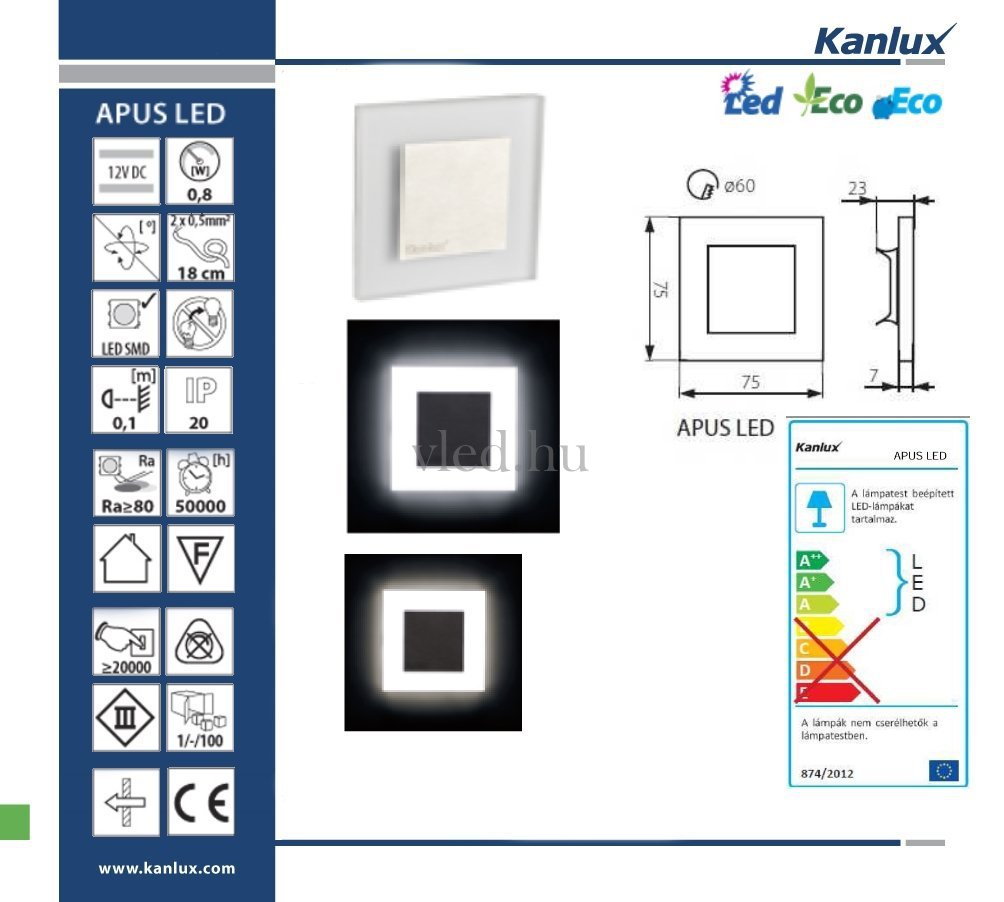 Kanlux APUS LED CW lámpa, négyzet alakú Hideg fehér 6500K, irányfény (23107)