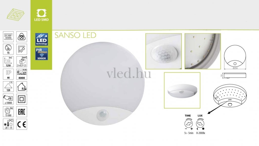 SANSO 15W LED mennyezeti lámpa, IP44, mozgásérzékelővel, természetes fehér (26520)