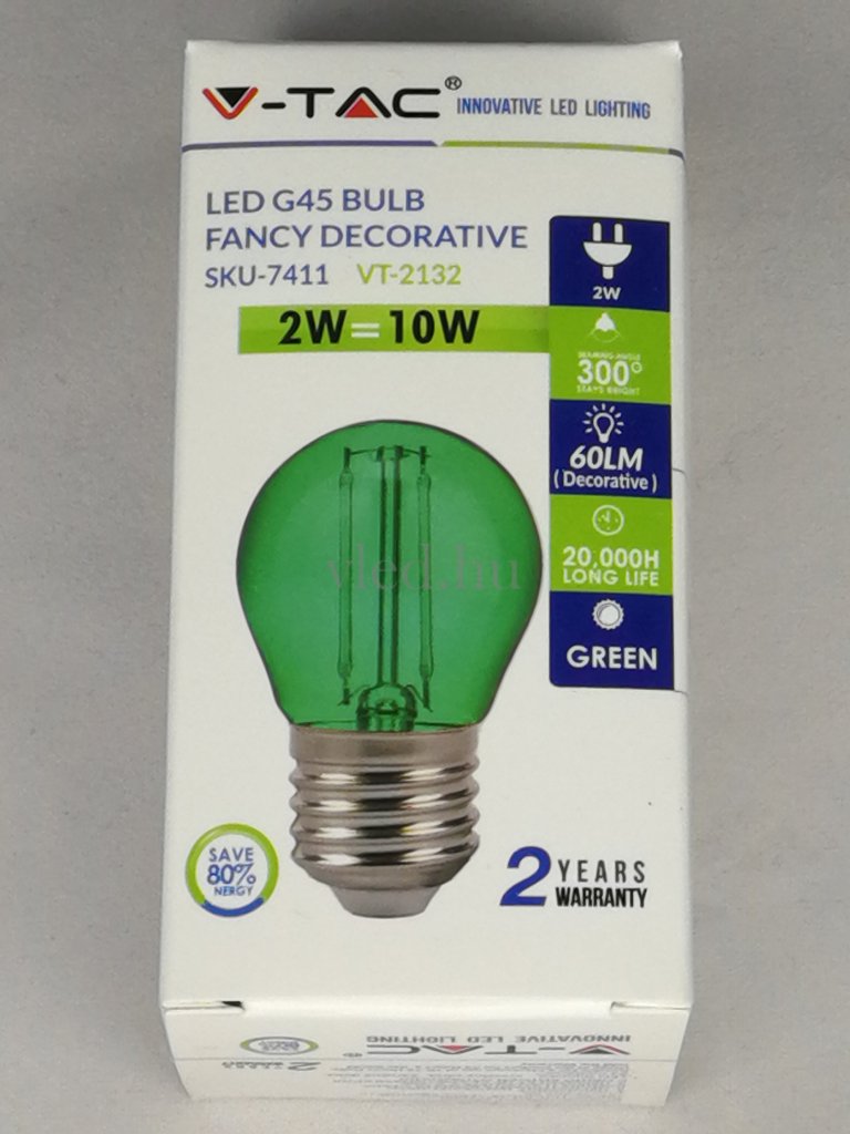2W Filament G45 Dekor Led Izzó E27 Zöld (7411)