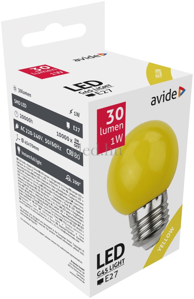 Avide Dekor SMD LED fényforrás G45 1W E27 Sárga - A6063