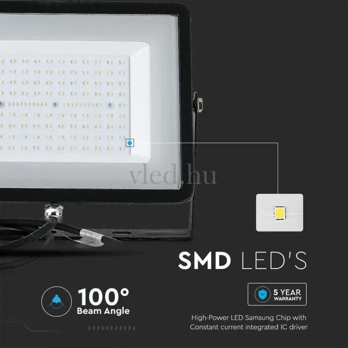 V-Tac Fekete házas vékony LED reflektor SMD-vel, 100W, 6500K, Hideg fehér, 8200 lumen, 100° szórásszög, IP65, kültéri (21414)