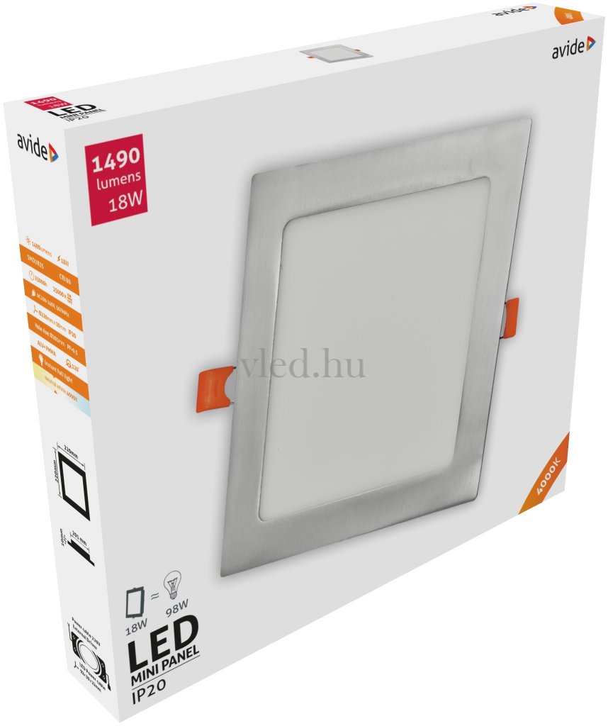 Avide Beépíthető LED panel, négyzet, mennyezeti, lámpa, ALU, szatén nikkel, 18W, NW, 4000K, 1490 lumen (A9842)